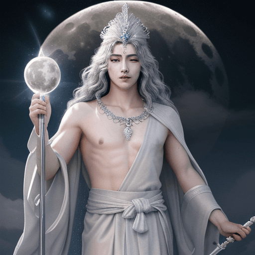 AI generated: A majestic god of the moon, with an ethereal and serene presence. His figure is enveloped in silver ...
