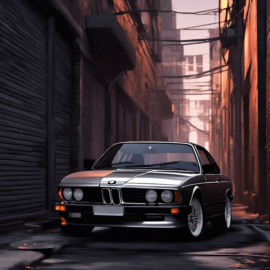 AI generated: a silver BMW 635CSi, grand theft auto style image, in a dark alleyway setting, realistic, neo-noir
