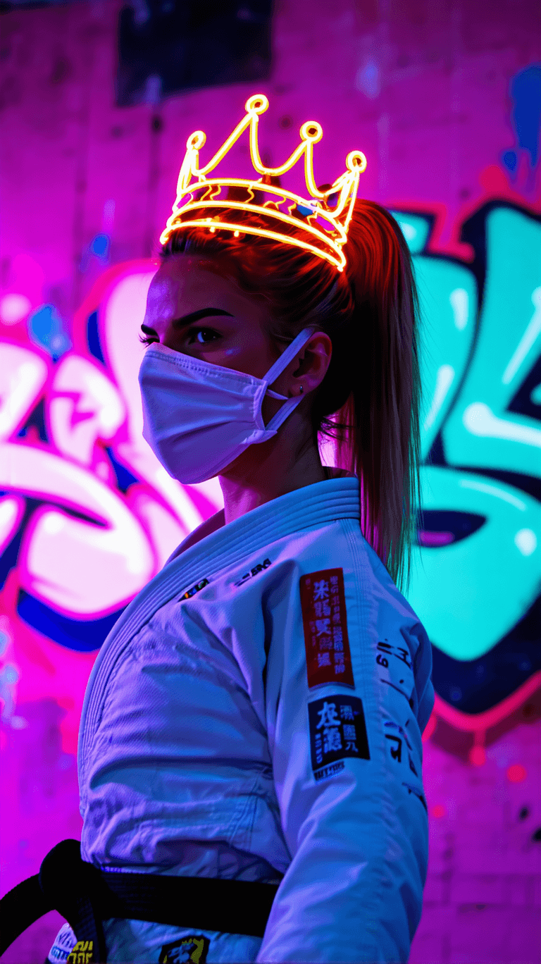 AI generated: A female jiu-jitsu athlete captured in a dynamic back pose, surrounded by graffiti-style motion trai...