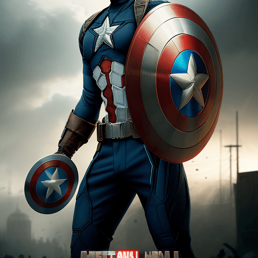 AI generated: cat head anthropomorphic humanoid body, movie poster, Captain America character with shield, high de...
