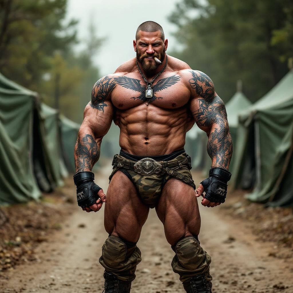AI generated: Chris Redfield, Full body image, looking at us, shirtless, muscular abs, lots of tattoos, eagle ches...