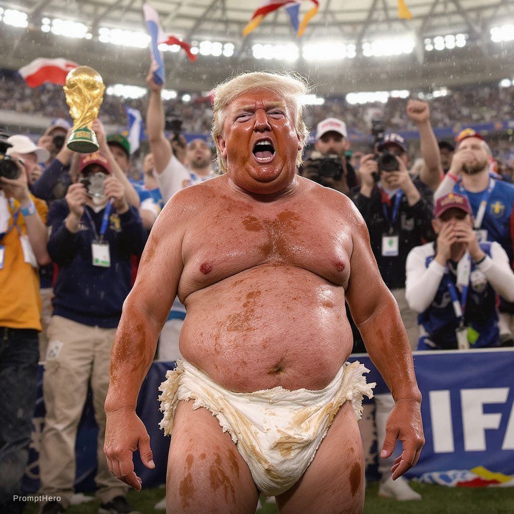 AI generated: Donald J. Trump in a dirty diaper at the FIFA world cup championship celebration begging for attenti...