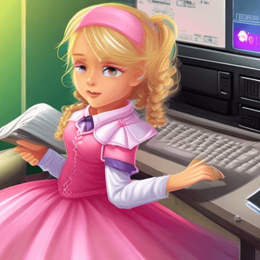 AI generated: a computer heroine with blond hair and pink  dress with  small and cute and younger