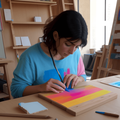 AI generated: Una persona elaborando un producto en madera, en un taller, con colores llamativos