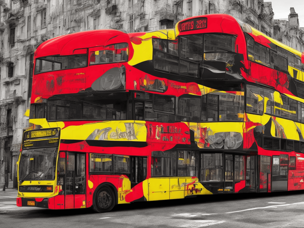 AI generated: A bus colored in black, red and yellow from top to bottom.
photorealistic, cinematic
