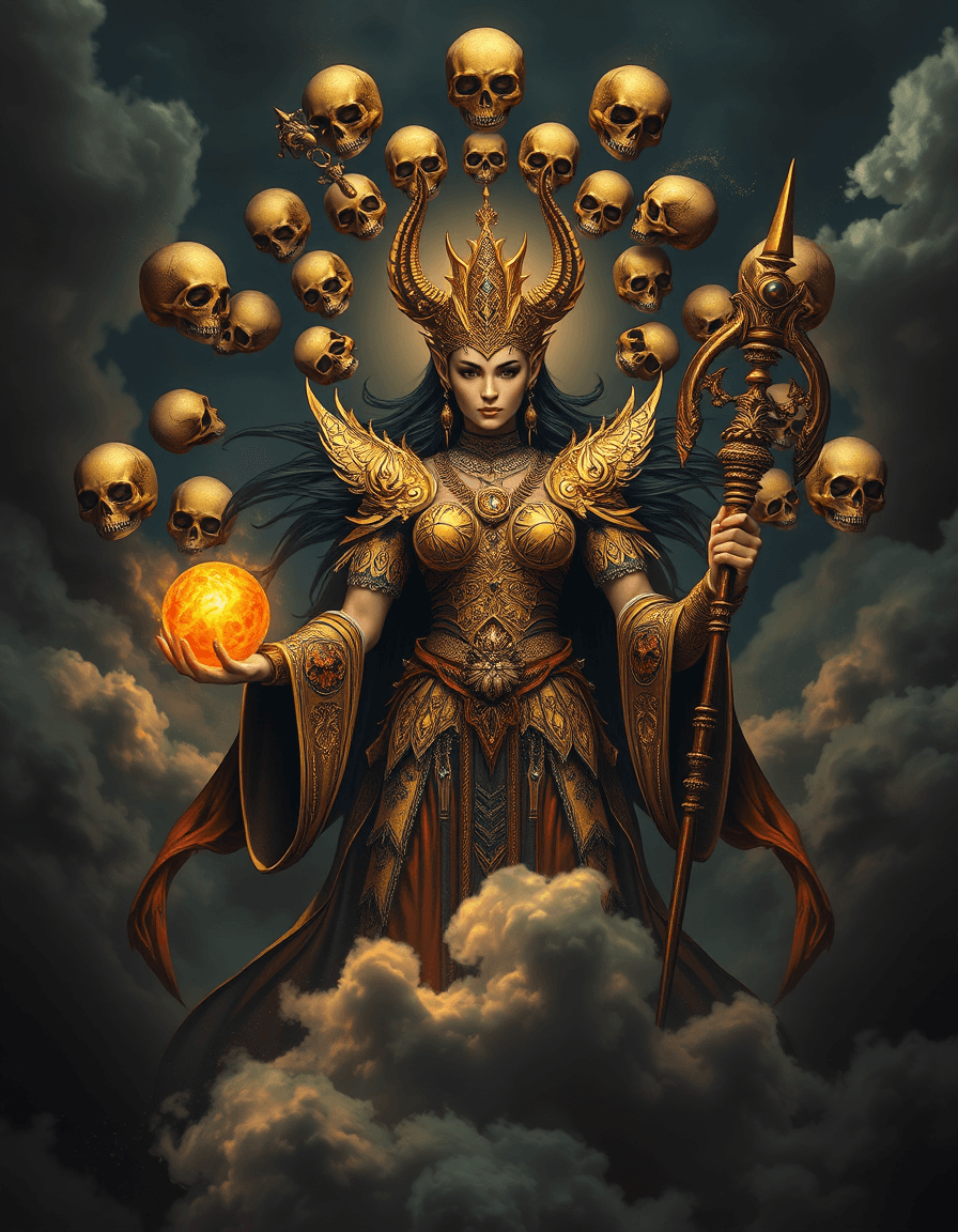 AI generated: A central female figure adorned with intricate golden armor and jewelry, surrounded by a halo of sku...