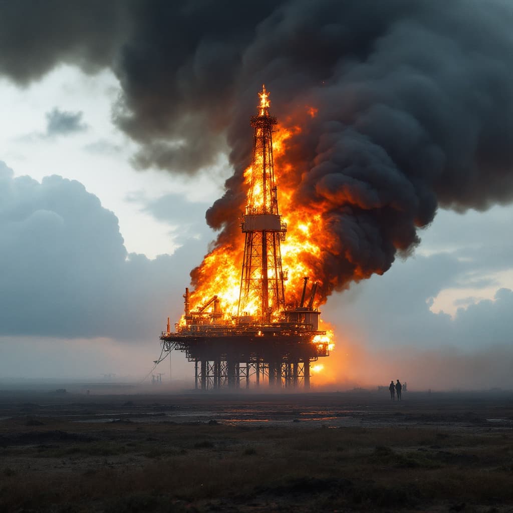 AI generated: land oil rig on fire

