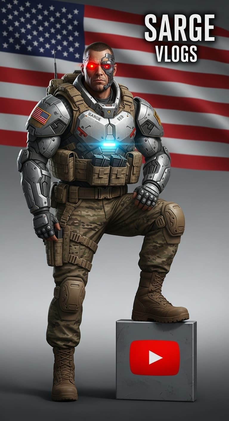 AI generated: My character "Sarge" - background US flag - 'Sarge Vlogs'. Youtube icon on the ground, sarge has one...