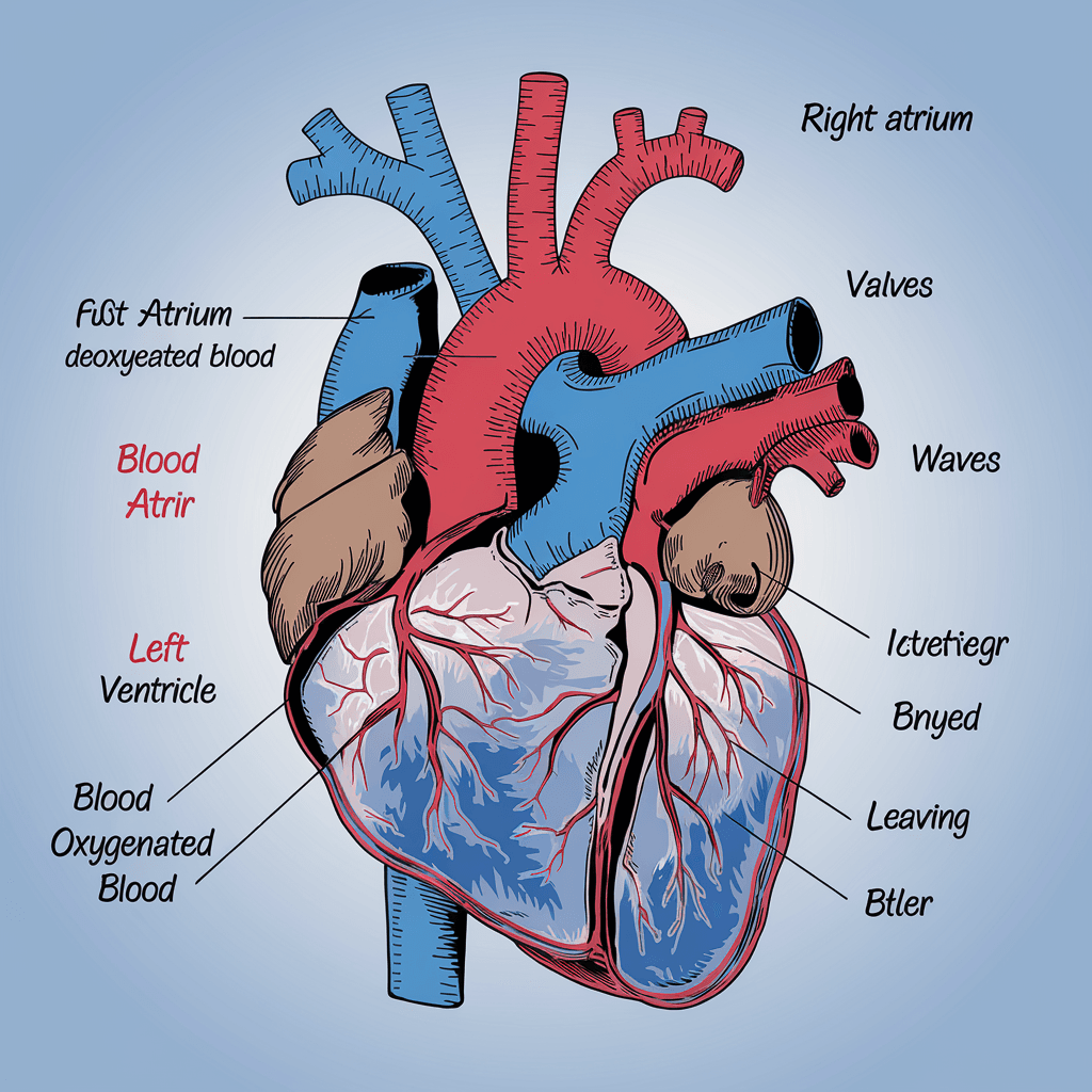 AI generated: Realiza un dibujo del corazón en el que se vean sus cavidades, sus válvulas y los vasos sanguíneos q...