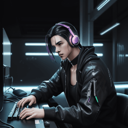 AI generated: Cyberpunk style male, typing on keyboard, wearing headphones, looking towards viewer, active pose, a...