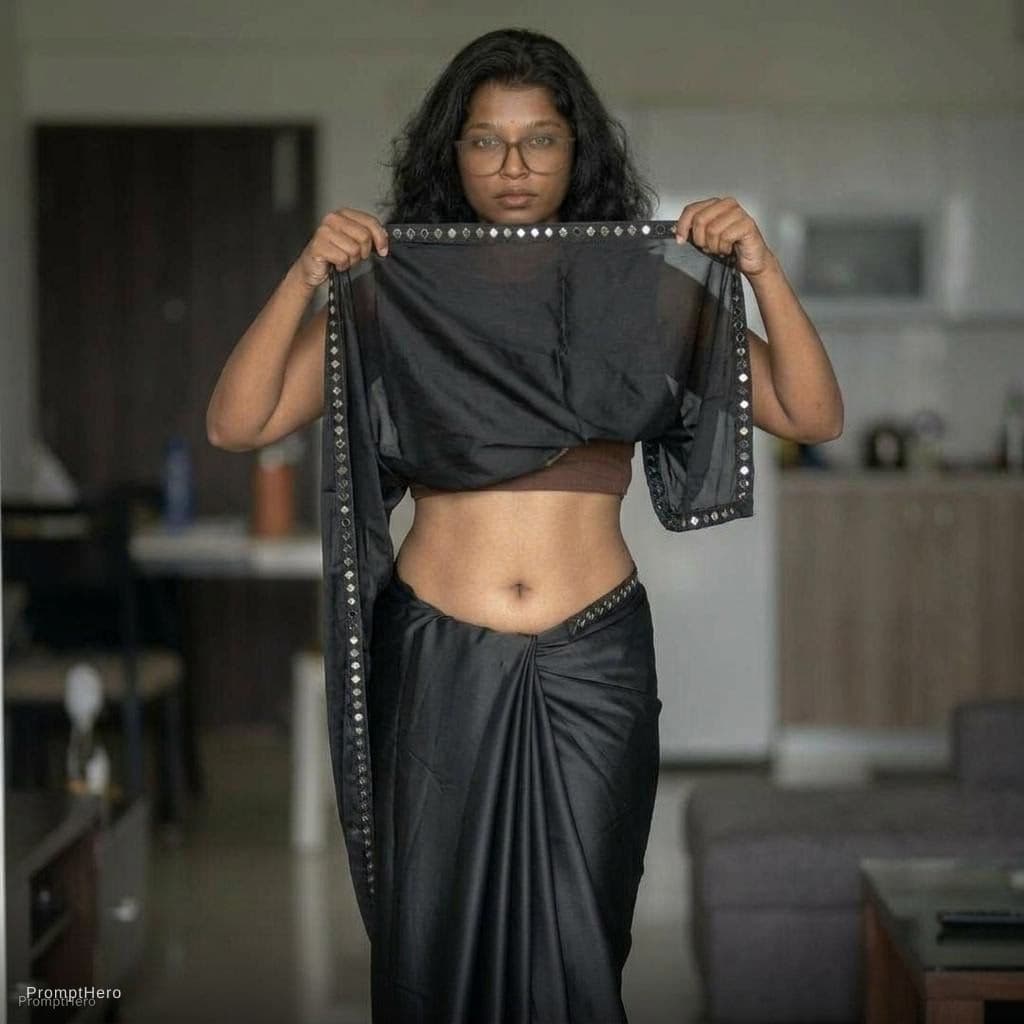 AI generated: Showing navel by lifting up top saree. Long waist with navel visible clearly. Saree drapped in long ...