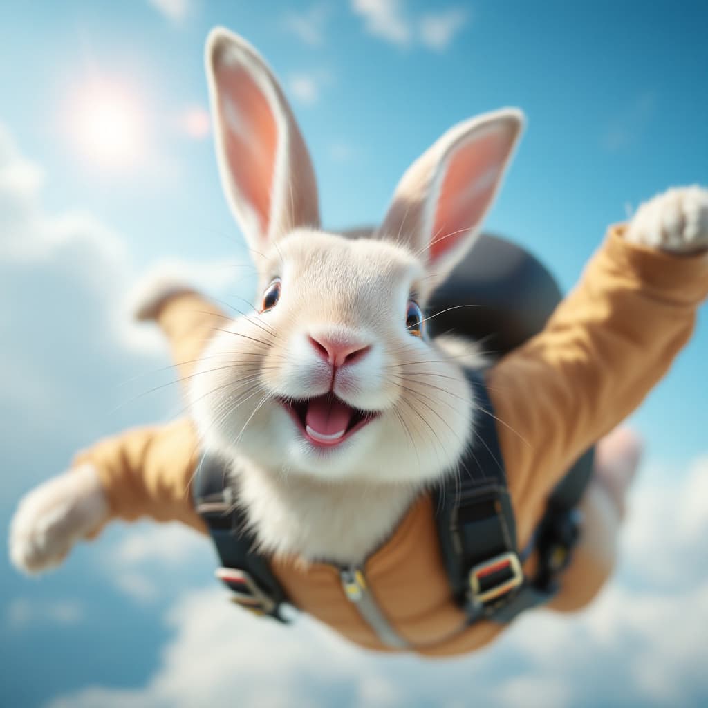 AI generated: a realistic rabbit do skydive.
blue sky
smile on face
fun picture for a entreprise annoncing easter....