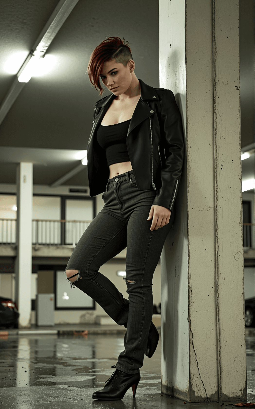 AI generated: Candid editorial documentary photograph of a petite curvy woman with dark red asymmetric undercut ha...