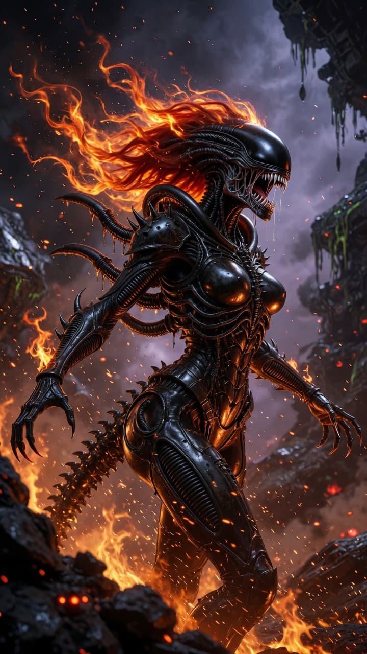 AI generated: A highly detailed cinematic image of a fierce female Xenomorph warrior, elegant and terrifying, with...
