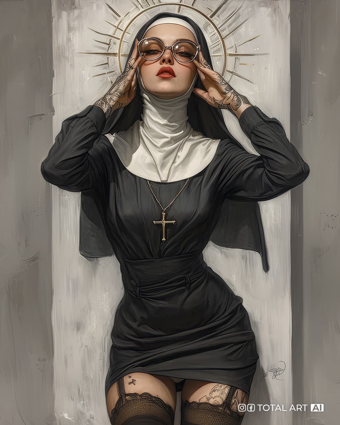 AI generated: An image of the babe nun with knee high socks on a white chalkboard, in the style of tattoo inspired...
