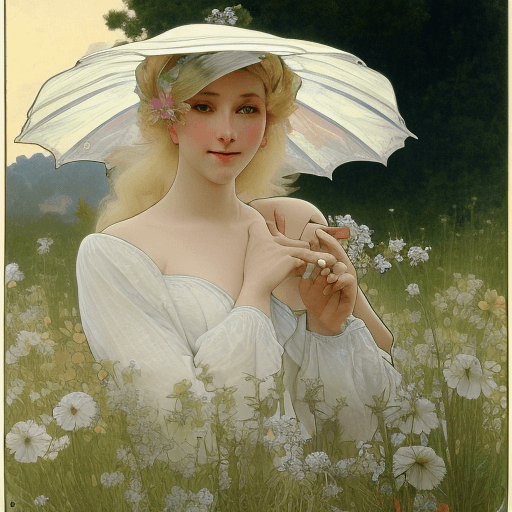 AI generated: a blonde womanh in a white dress and white hat holding an umbrella on a grassy lawn, direct sunlight...