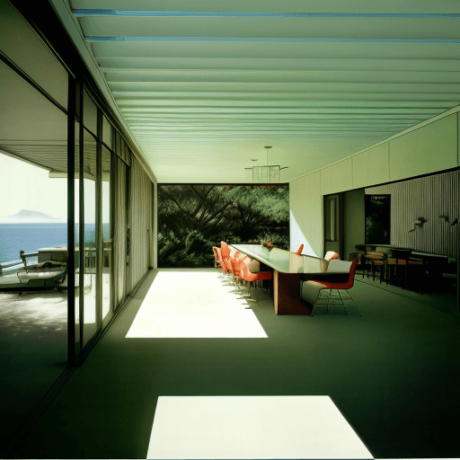 AI generated: Hyper realistic eye level exterior photo of a mid century modern style house overlooking the ocean, ...