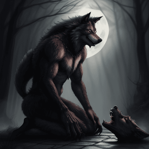 AI generated: the werewolf kneels and looks away, saliva dripping from his fangs
