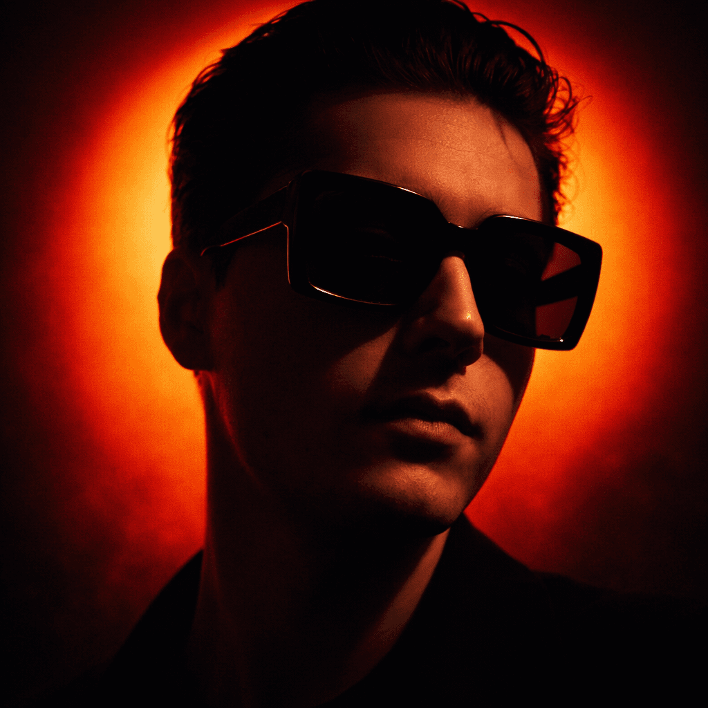 AI generated: A person with slicked-back dark hair wearing oversized square sunglasses is shown in a dramatic, cin...