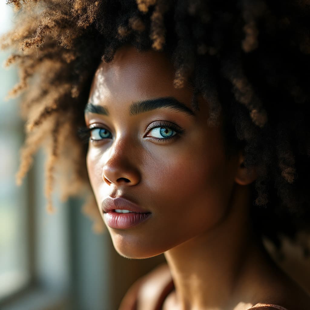 AI generated: /imagine prompt: national geographic photography, portrait of a person with afro-textured hair and s...