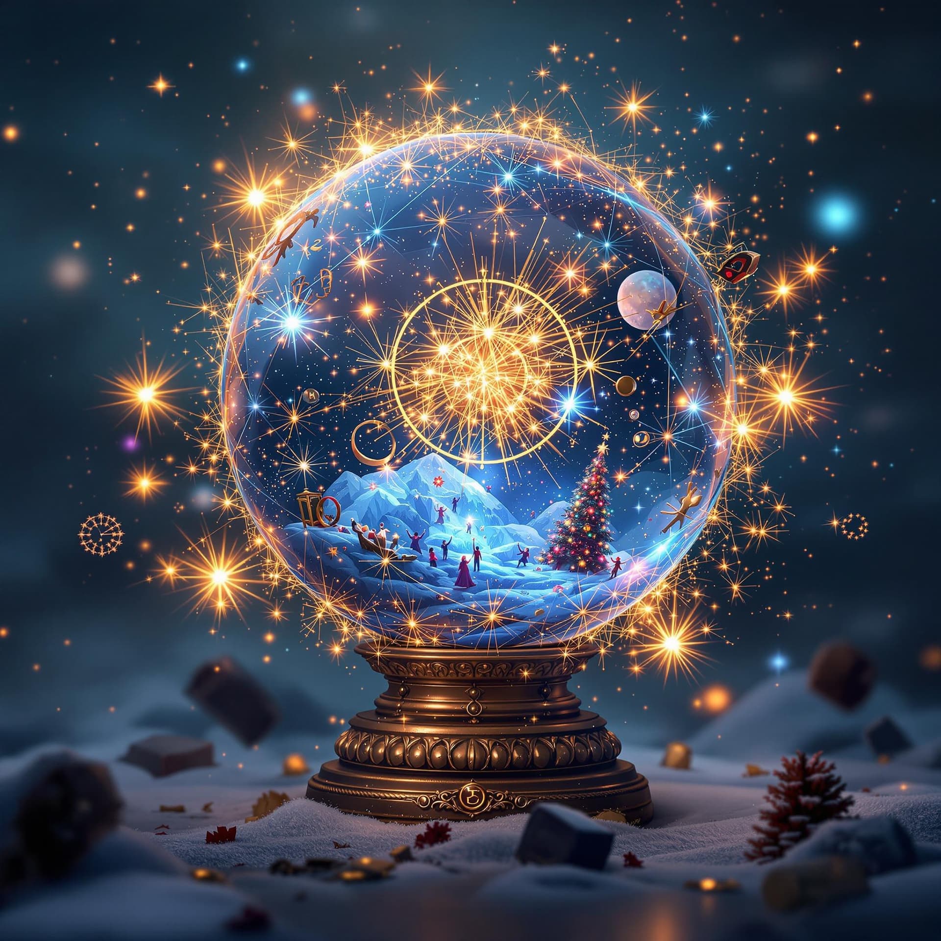 AI generated: a flying magic ball, it contains a whole world of New Year's magic, time machine