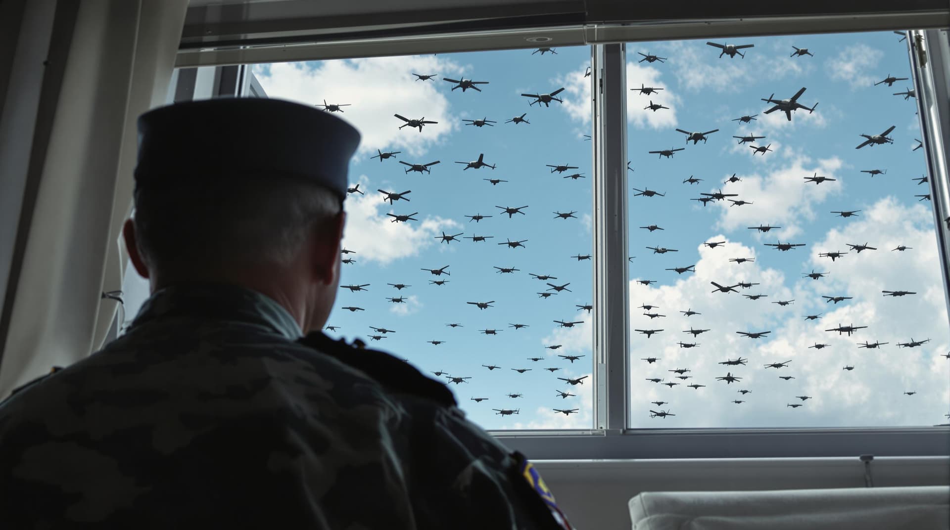 AI generated: The camera zooms in from behind the army general towards the window, showing a sky filled with milit...