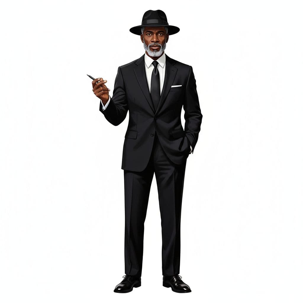 AI generated: A full-body photo illustration of a distinguished African American older gentleman with striking, ha...
