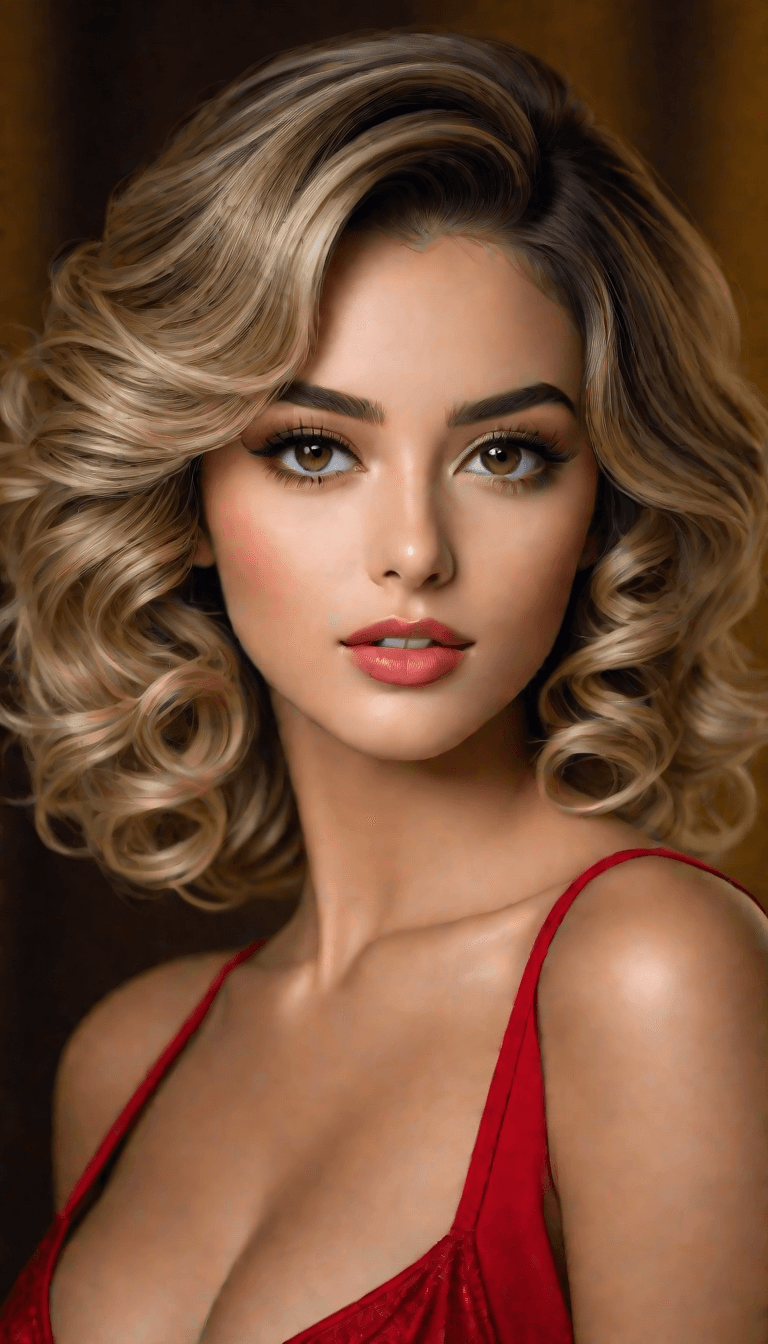 AI generated: A portrait of an elegant woman with a classic glamour style. Her hair is styled in full, bouncy curl...