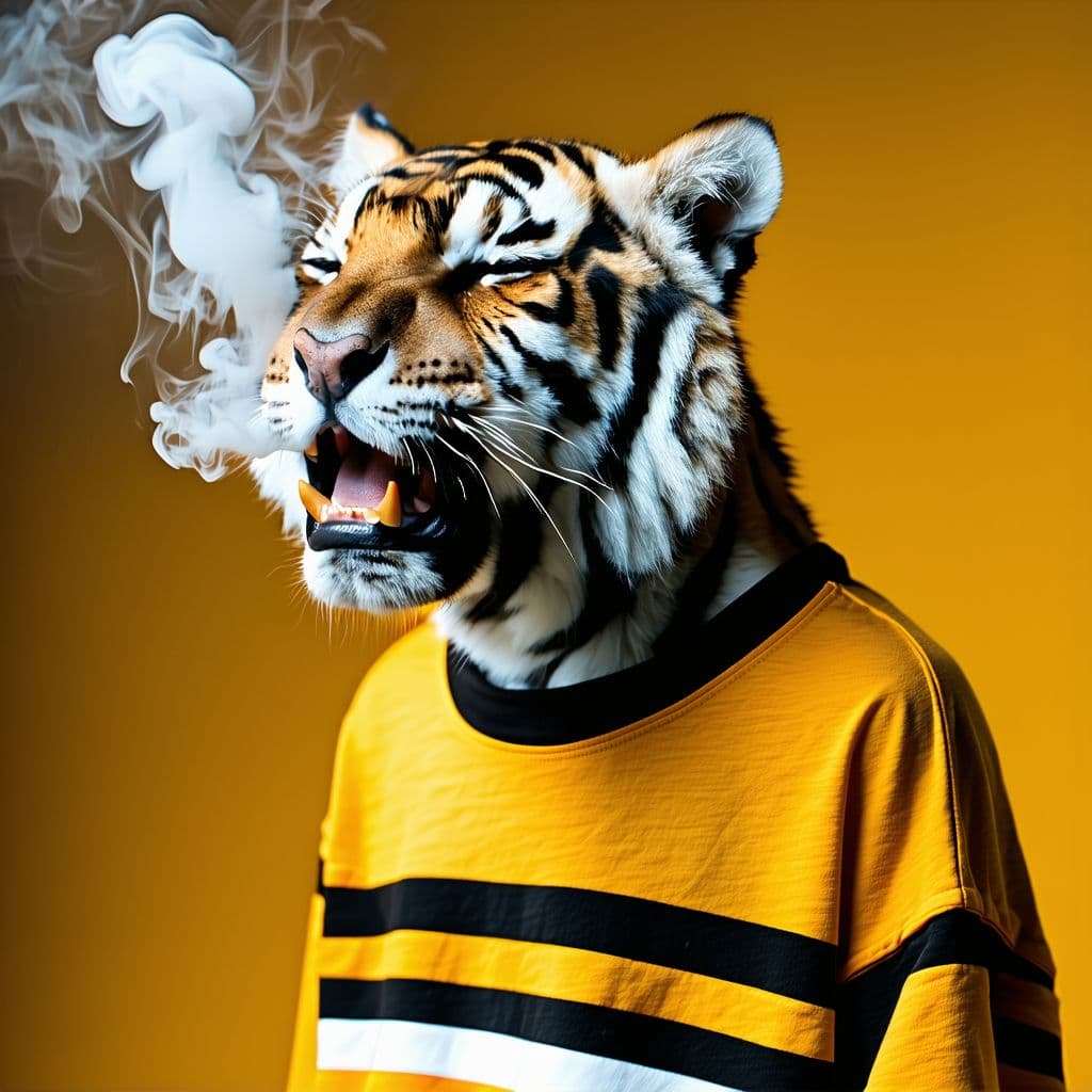 AI generated: sad tiger smoking and crying with a t-shirt that have 3 horizontal stripes: yellow, black and white