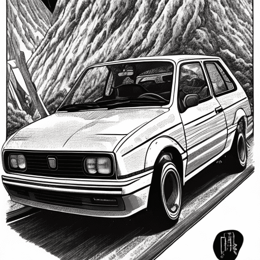 AI generated: Fiat uno mili 90s, drifting in initial d mountain, initial d art style, manga black and white, page ...