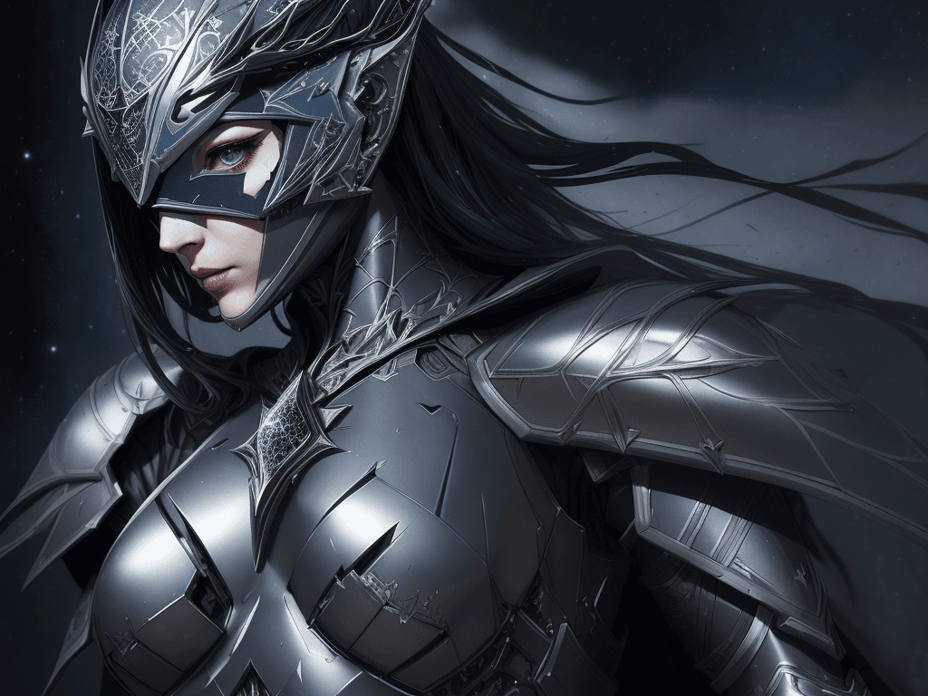 AI generated: "sinister beautiful lady knight, helmet, stellar galaxy constellations splatter, deep black indigo c...