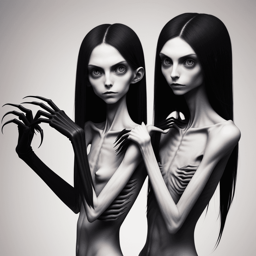 AI generated: two woman's arms with hands with black long curved claws (almost claws) of skinny anorexic girl