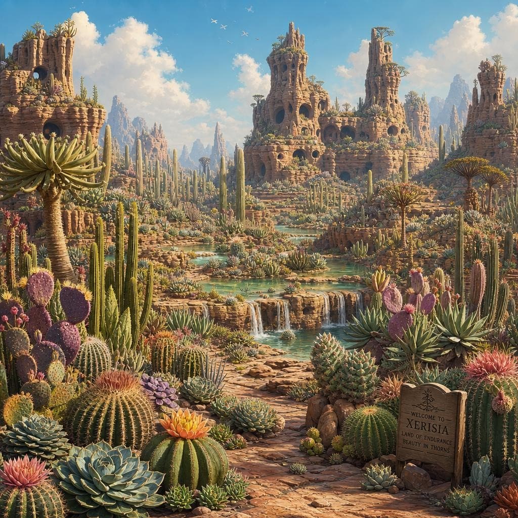 AI generated: Create a new and unique environment/Biome of  Cacti and Succulents → The dry lands (Land the Cacti a...