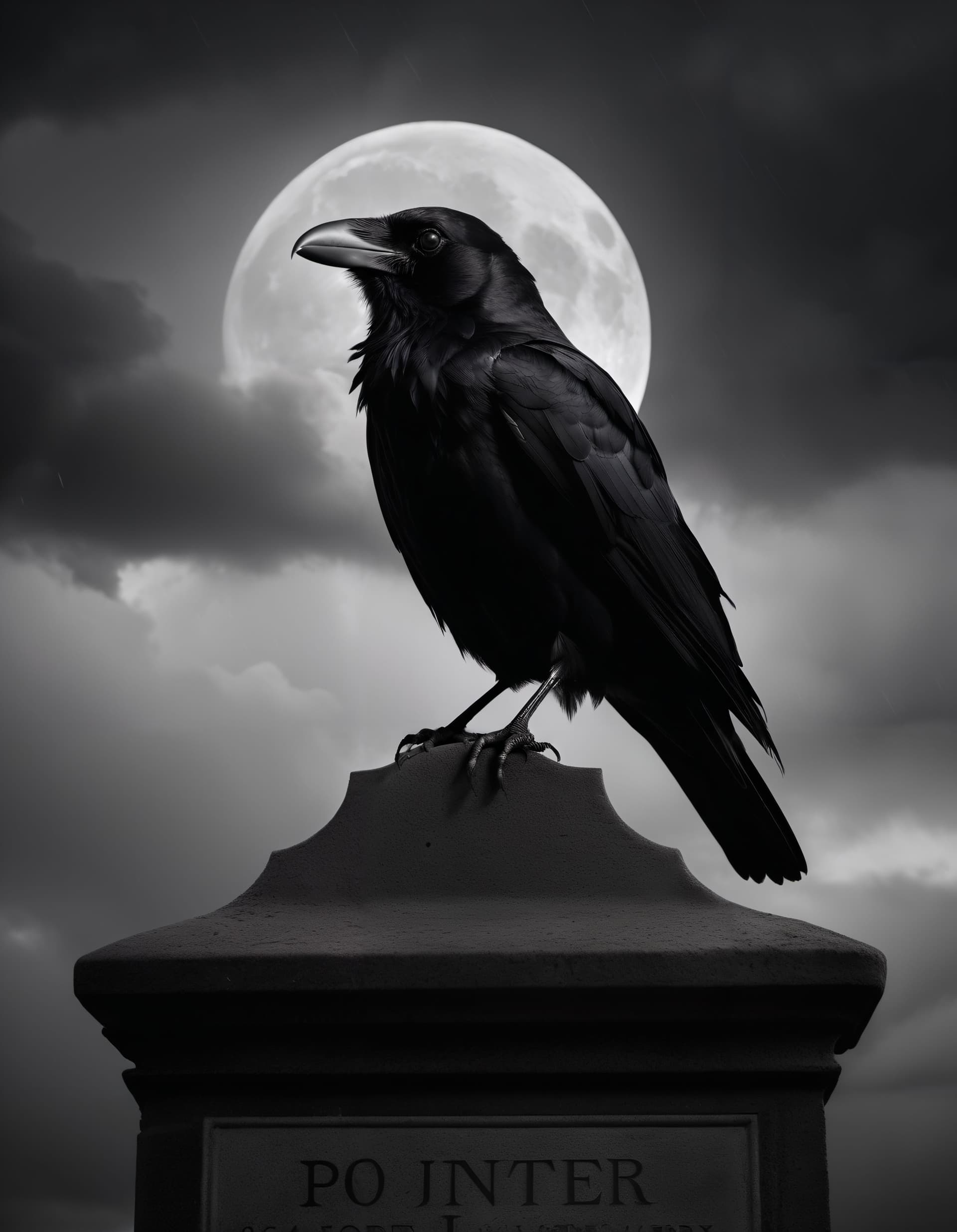 AI generated: A Raven stands on a headstone, Stormy Skies, hard rain, wind, moonlight shining through the clouds, ...