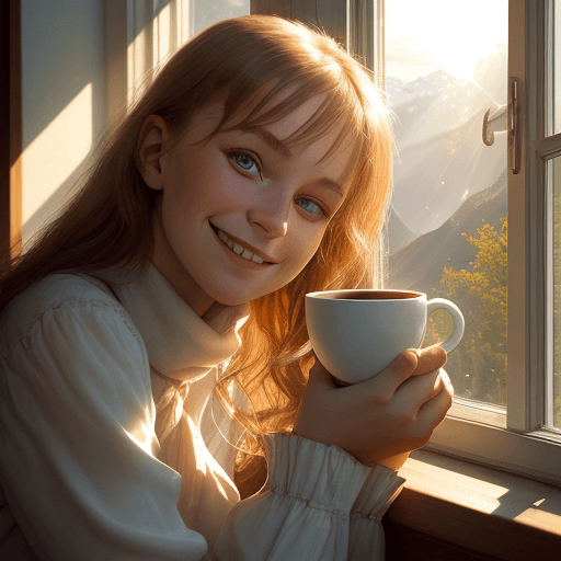 AI generated: foportrait photo of a happy girl, leaning on the sill of an open window, in the morning, holding a s...