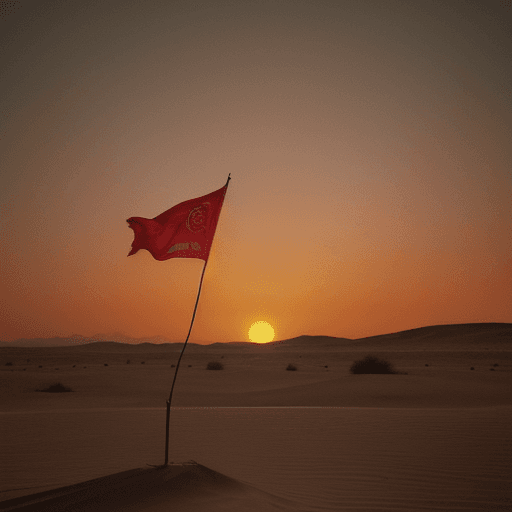 AI generated: A tattered red flag on a pole stands prominently in a barren desert landscape, illuminated by the se...