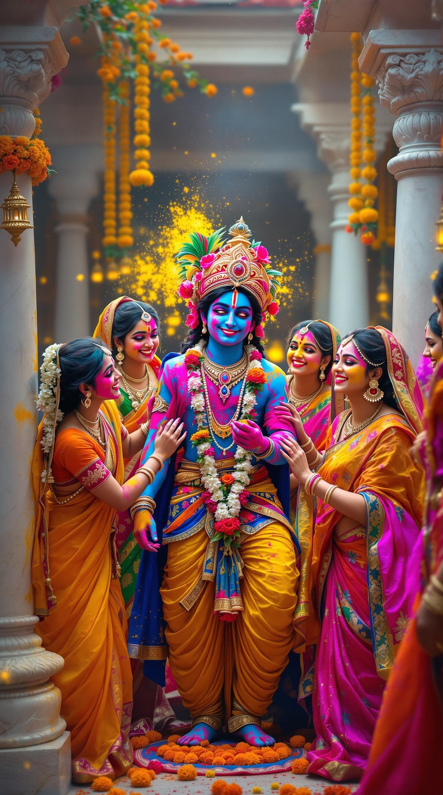 AI generated: "A high-detail, ultra-HD image of Krishna surrounded by laughing Gopis, all dressed in colorful lehe...