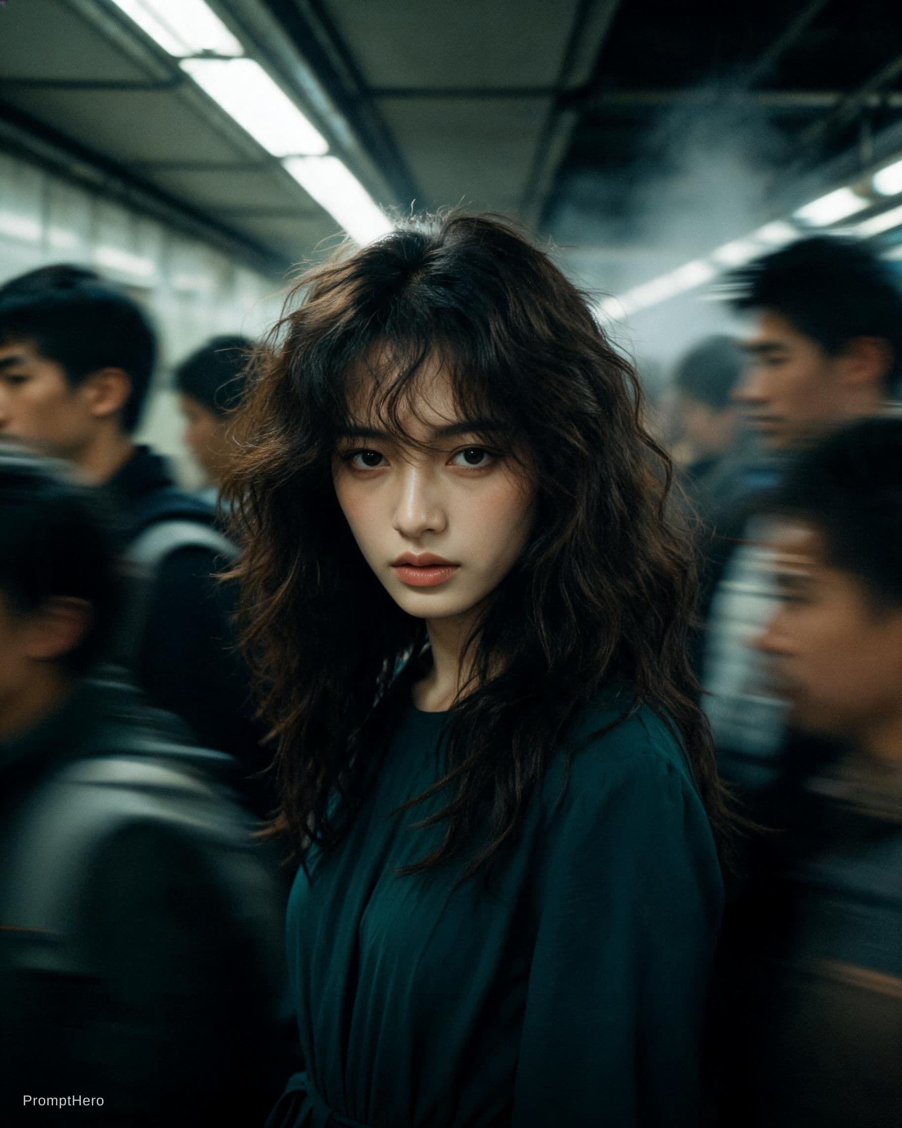 AI generated: Cinematic editorial portrait of a young women in her early twenties standing motionless at the
cente...