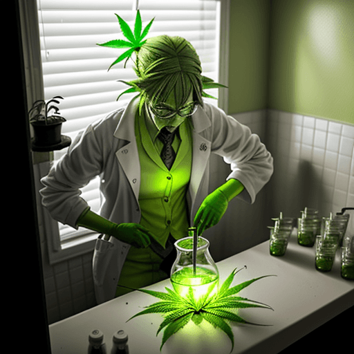 AI generated: a crazy radioactive chemist making marijuana flowers in a small bathroom full of marijuana plants