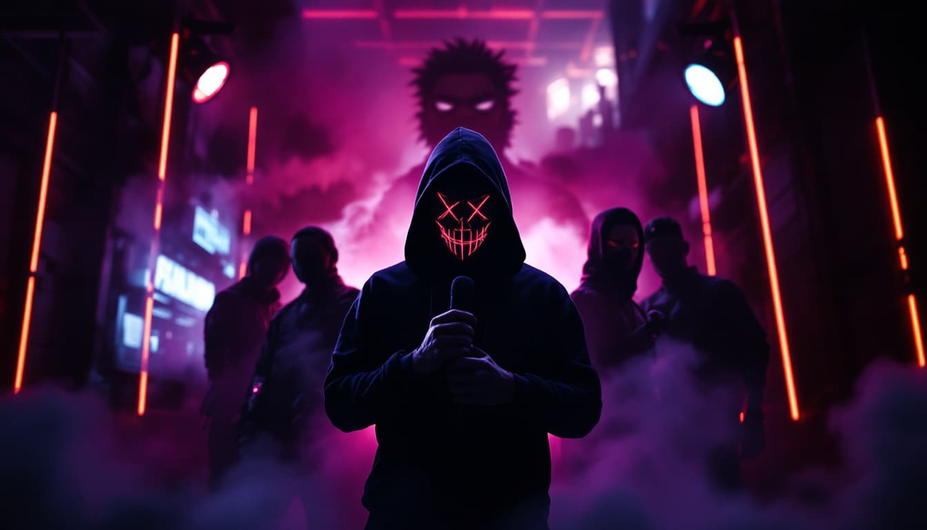 AI generated: A dark, gritty urban backdrop with neon purple and orange lights. In the center, a hooded young rapp...
