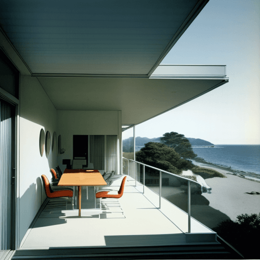 AI generated: Hyper realistic eye level exterior photo of a mid century modern style house overlooking the ocean, ...