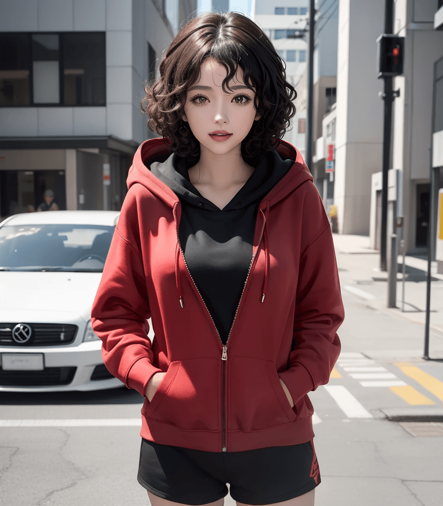 AI generated: (best quality:1.4), 1girl, red hoodie, black shorts, short curly hair, happy, suburban, standing, ve...