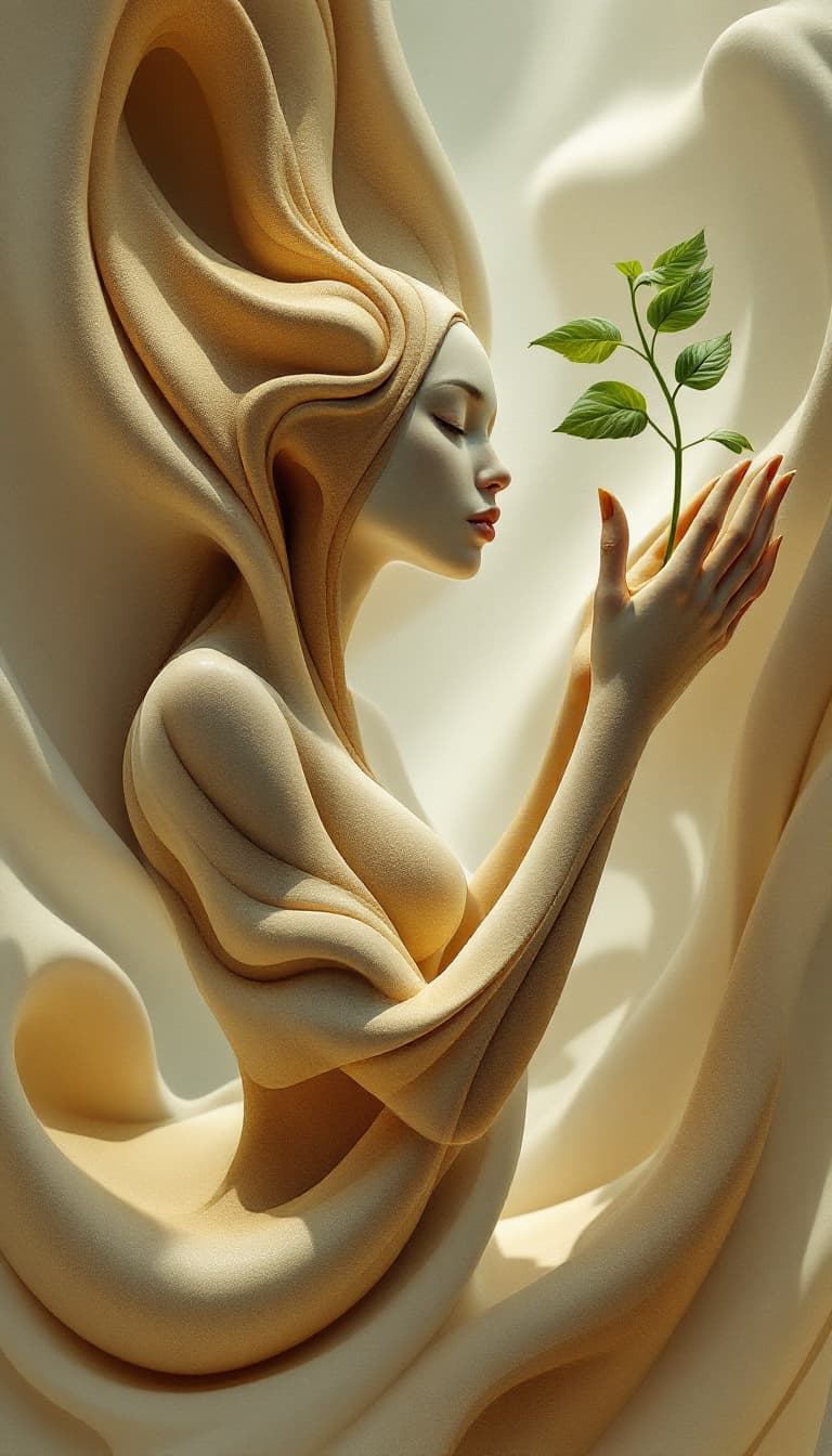 AI generated: Biomorphic Design, Organic Forms, Flowing Lines, Natural, Woman Holding a Plant Growing, Nurturing P...