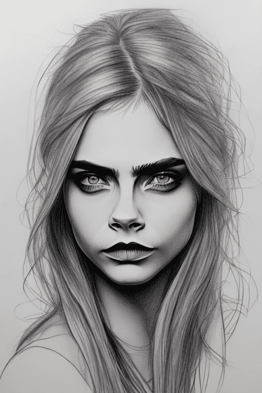 AI generated: Cara Delevingne, ((amateur) scribble sketch), (smudges) on paper, (faded lines)