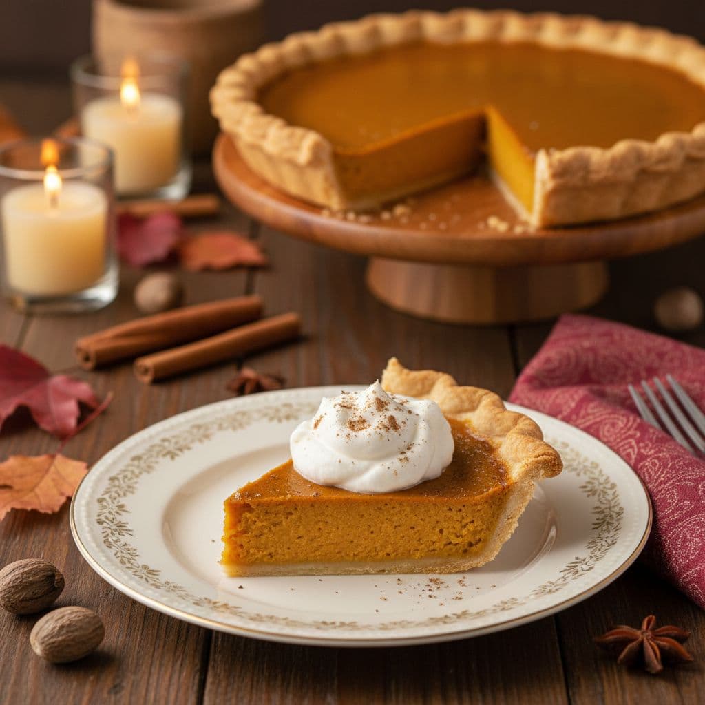 AI generated: october pumpkin pie, perfect slice of pumpkin pie with dollop of whipped
cream on vintage china pla...