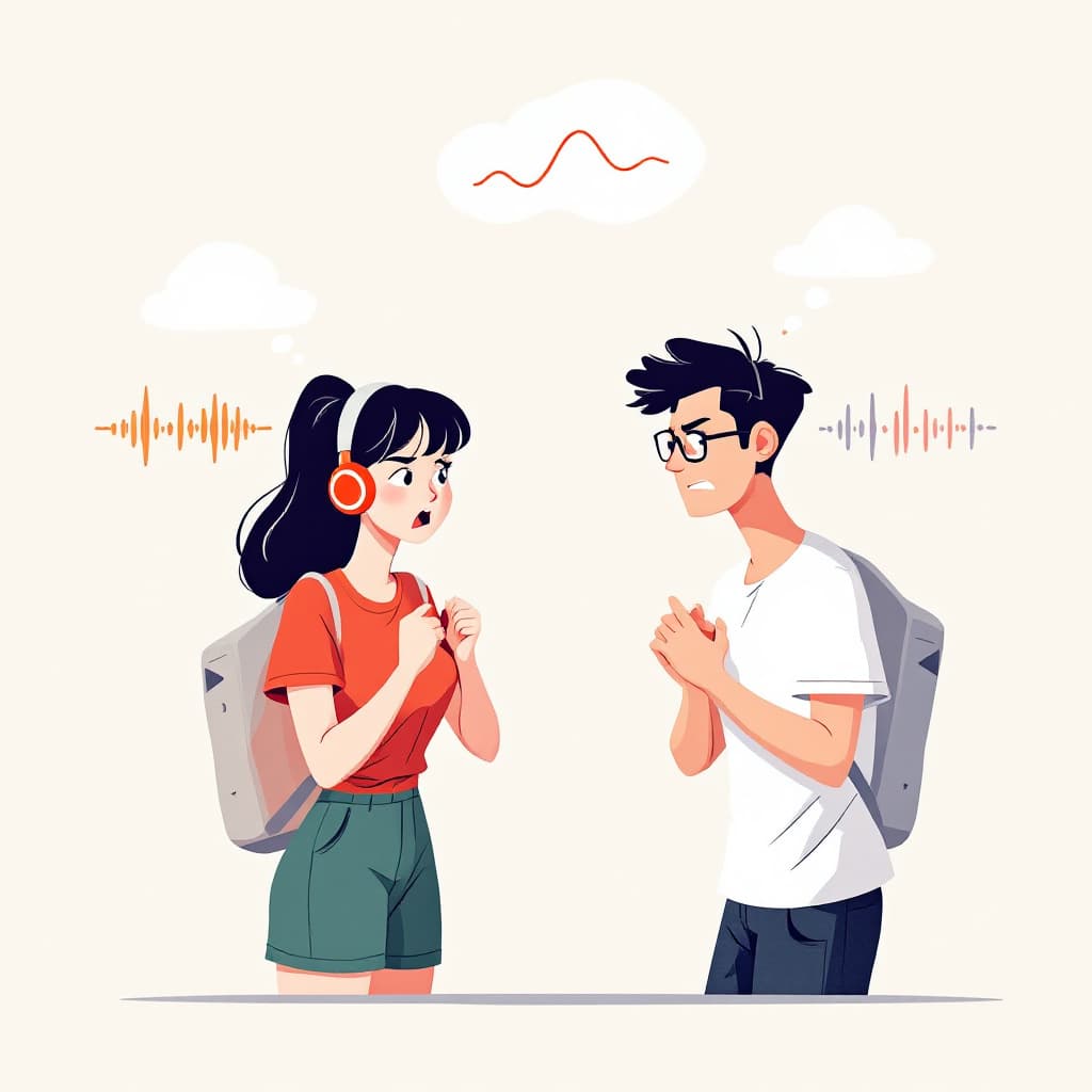 AI generated: A flat illustration of 1 asian women and 1 asian man angry studying about sound waves , both wear sh...