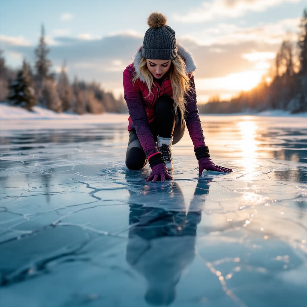 AI generated: highly reflective ice, showing spidery cracks, reflecting the sky above , like a monet lily pond, on...