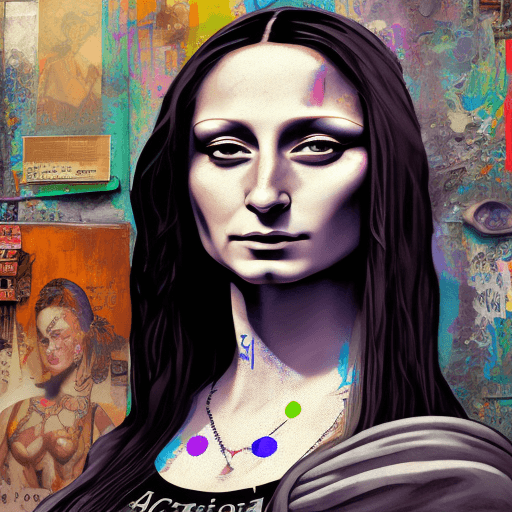 AI generated: Portrait of a tatooed Mona Lisa, character design, photorealism, detailed hair, punk art, acid punk,...