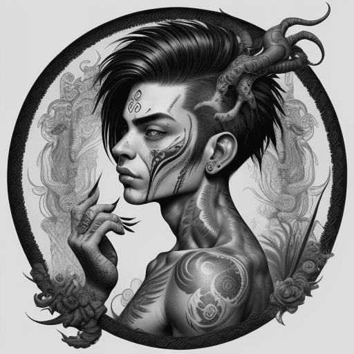 AI generated: tattooed male figurative painting by dora art, in the style of intricate black and white illustratio...