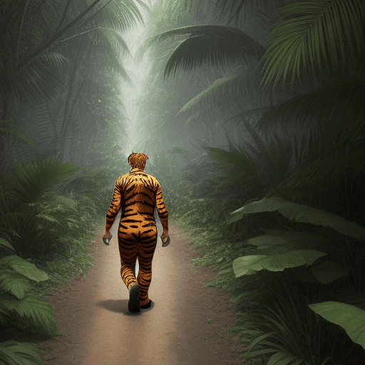 AI generated: man walking in the middle of the jungle. A tigger appears